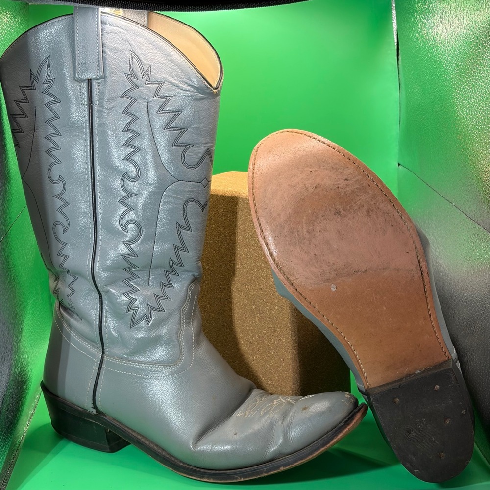 Old West Western Cowboy Boots Men 13 D Gray Leather Stitched Square Toe Rodeo